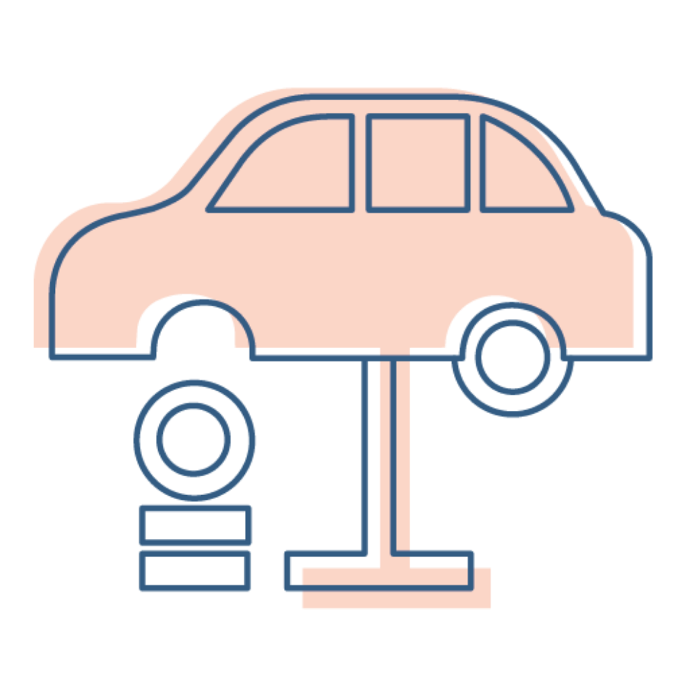 Illustration, die ein Auto auf einer Hebebühne zeigt.