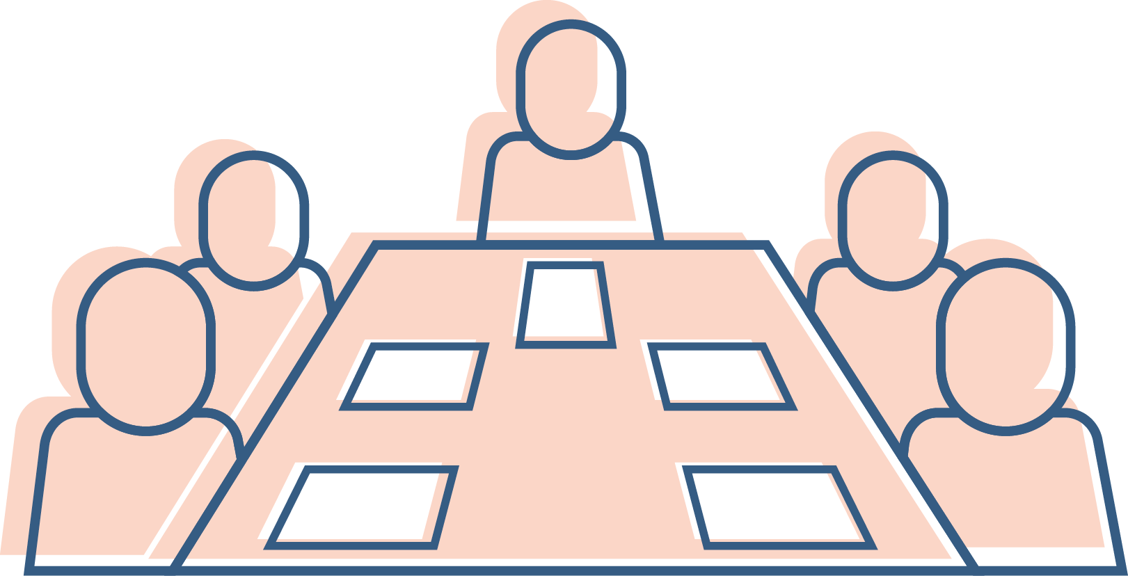 Illustration mit fünf Personen an einem Tisch mit je einem Blatt Papier vor sich